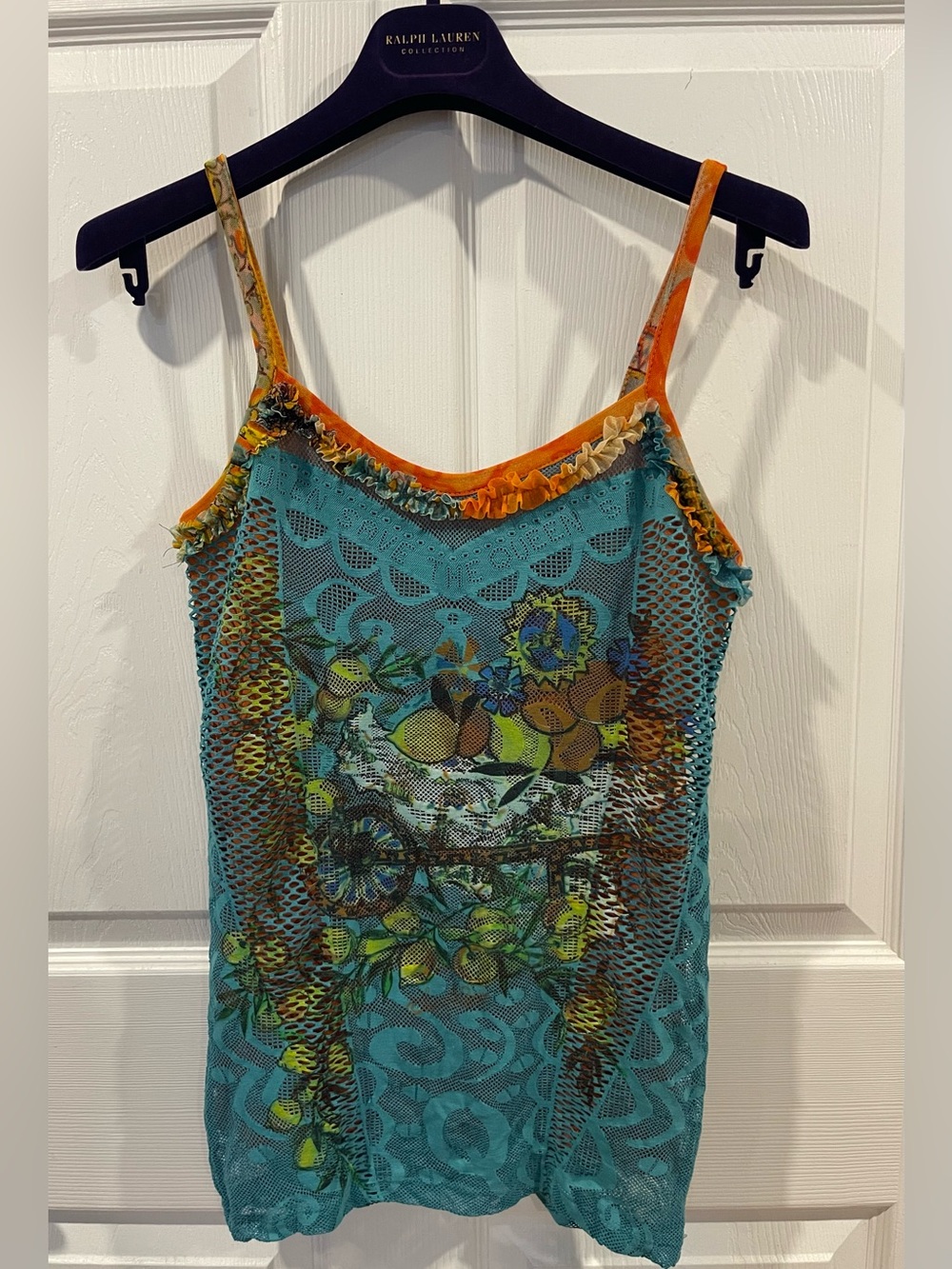 Save The Queen Y2K Turquoise Floral Mesh Cami with Orange Trim medium